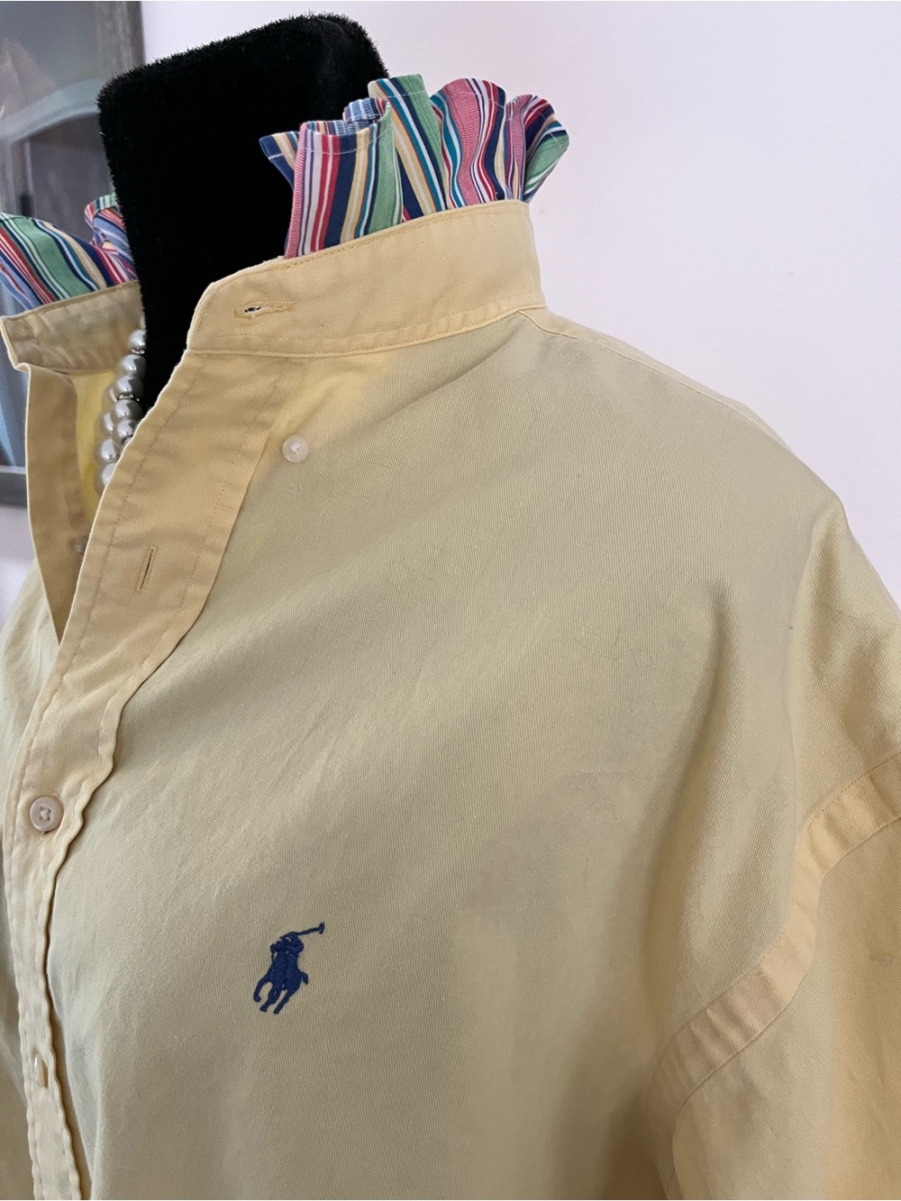Refashioned Ralph Lauren Pale Yellow Button-Down Shirt striped Ruffle Collar